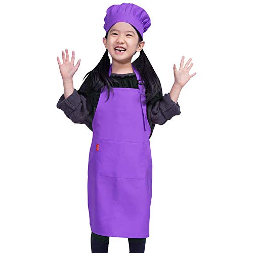 ALIPOBO Kids Apron and Chef Hat Set Childrens Adjustable Bib Apron with 2 Pockets Cute Boys Girls Kitchen Apron for Cooking Baking Painting Training Wear (25 Year Purple)